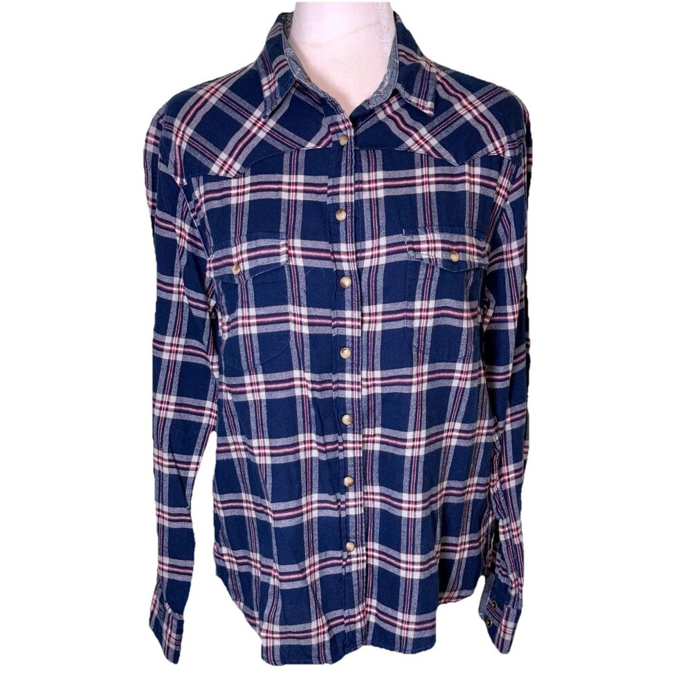 Women Blue Plaid Pearl Snap Front Shirt Long Sleeve Western Casual‎ Top Size M?